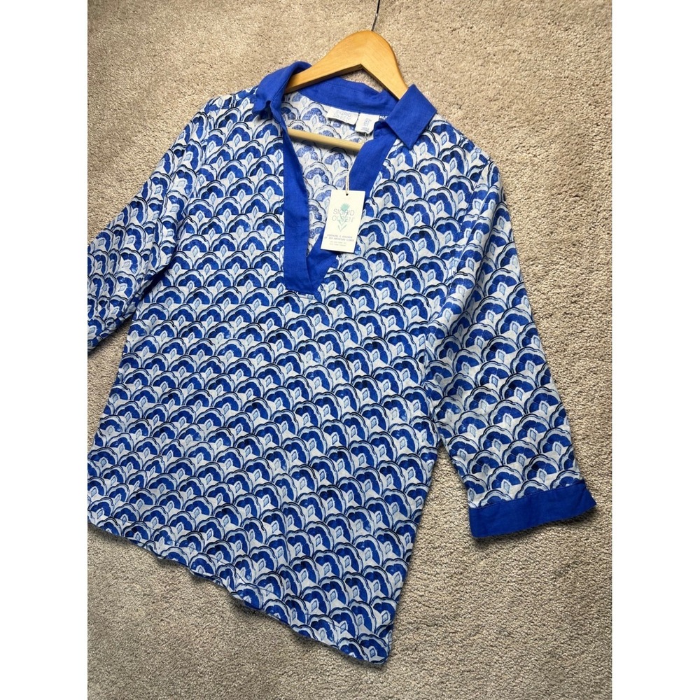 Sigrid Olsen Blue White Tunic Top Linen 3/4 Sleeve NWT V Neck Coastal Vacation S - Picture 8 of 12